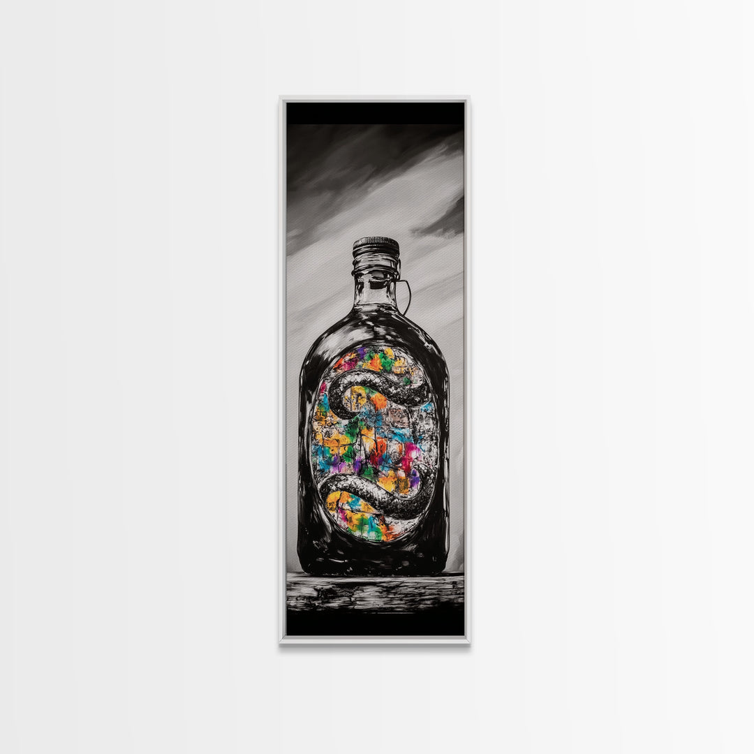Snake in Bottle, Surreal, Dark Art, Framed Canvas Print, Gothic Home Decor, Unique Gift, Mysterious Artwork, Living Room Wall Art