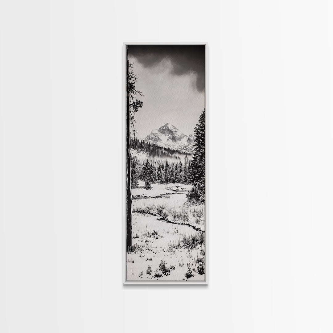 Winter Landscape, Snowy Mountains, Canvas Print, Black and White Photography, Rustic Home Decor, Cozy Cabin Wall Art, Nature Photography