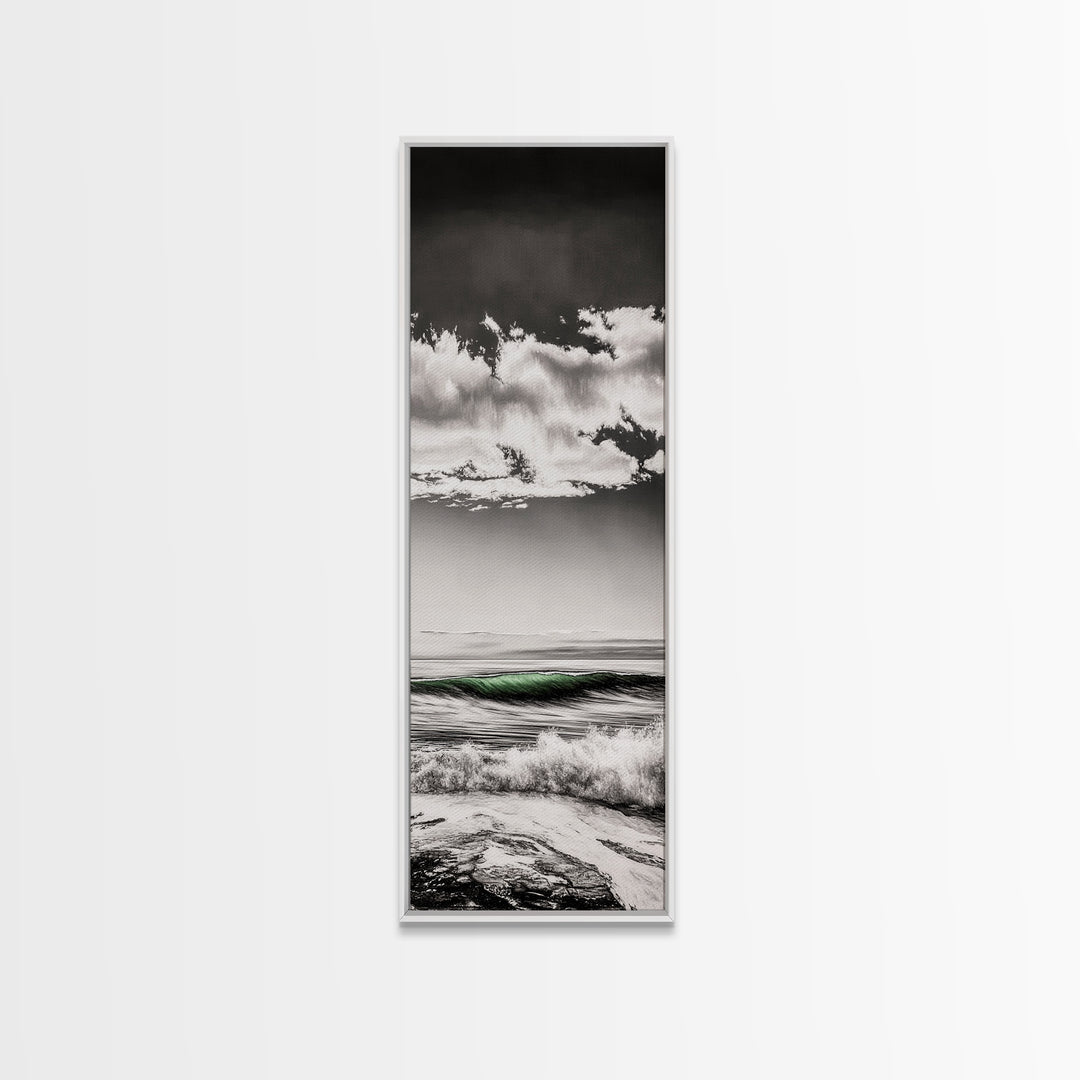 Coastal Waves, Black and White, Green Wave, Framed Canvas Print, Modern Beach Wall Art, Minimalist Ocean Decor, Living Room Art