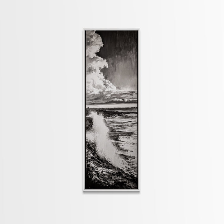 Ocean Power, Wave Crash, Coastal Landscape, Dramatic Seascape, Framed Canvas Print, Black and White Wall Art, Beach House Decor