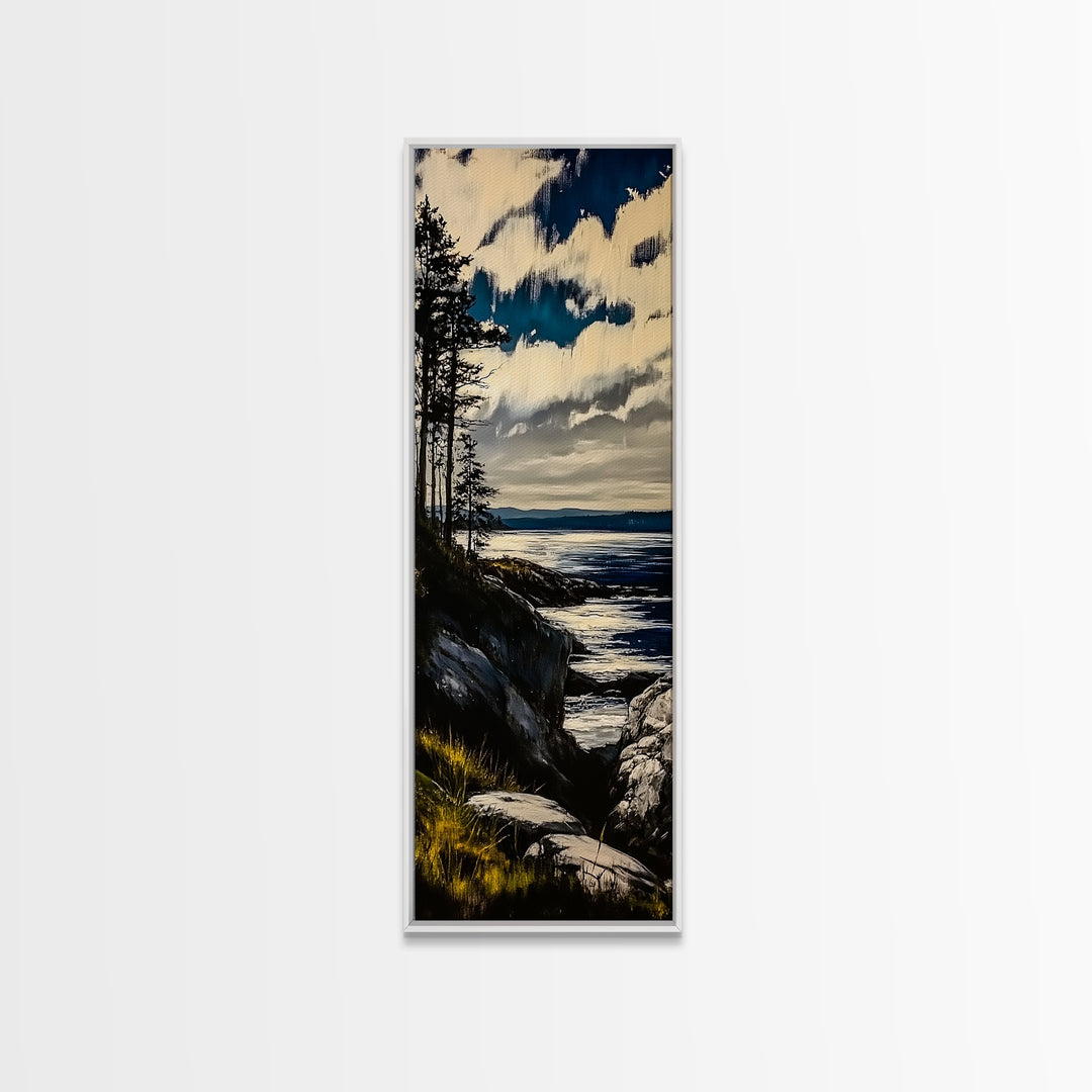 Cliffside View, Coastal Landscape, Nature Wall Art, Tranquil Seascape, Framed Canvas Print, Bedroom Wall Decor, Blue and Green Artwork