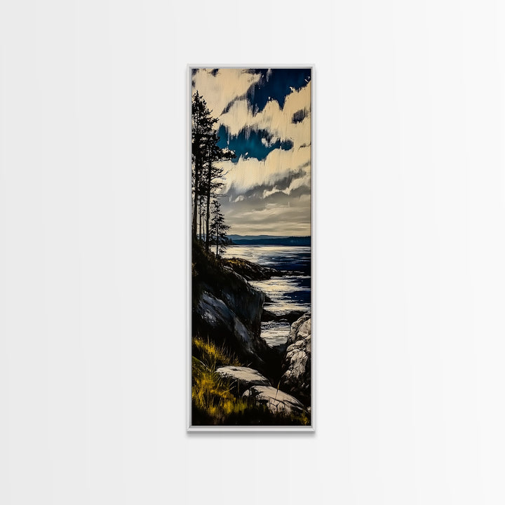 Cliffside View, Coastal Landscape, Nature Wall Art, Tranquil Seascape, Framed Canvas Print, Bedroom Wall Decor, Blue and Green Artwork