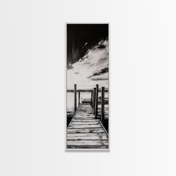 Wooden Dock, Black and White Lake Art, Rustic Cabin Wall Decor, Peaceful Waterfront Scene, Minimalist Landscape, Canvas Print