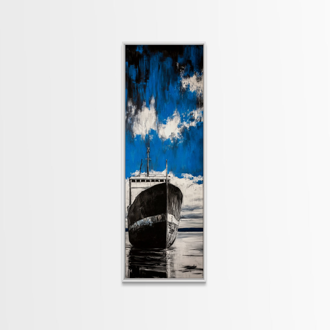 Abandoned Ship, Nautical Artwork, Abstract Seascape, Canvas Print, Coastal Wall Art, Blue Black Art, Living Room Decor, Ocean Painting