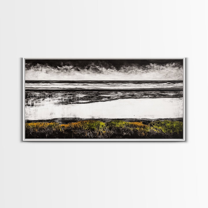 Coastal Horizon, Black and White Beach, Minimalist Seascape, Monochrome Art, Nature Inspired, Framed Canvas Print, Office Wall Decor