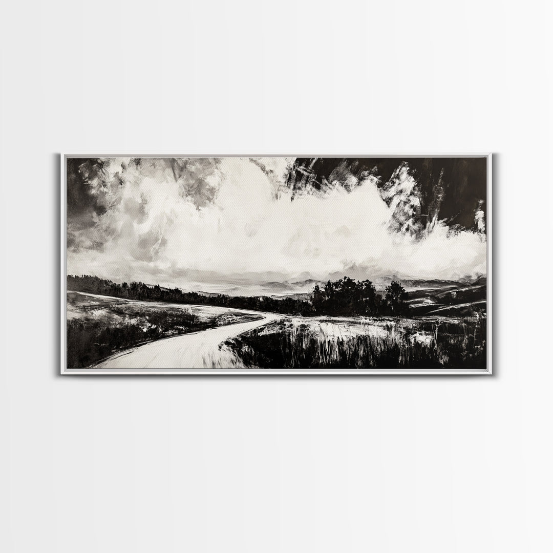 Country Road, Black and White, Minimalist, Framed Canvas Print, Rustic Landscape, Entryway Wall Art, Neutral Wall Decor, Farmhouse Style