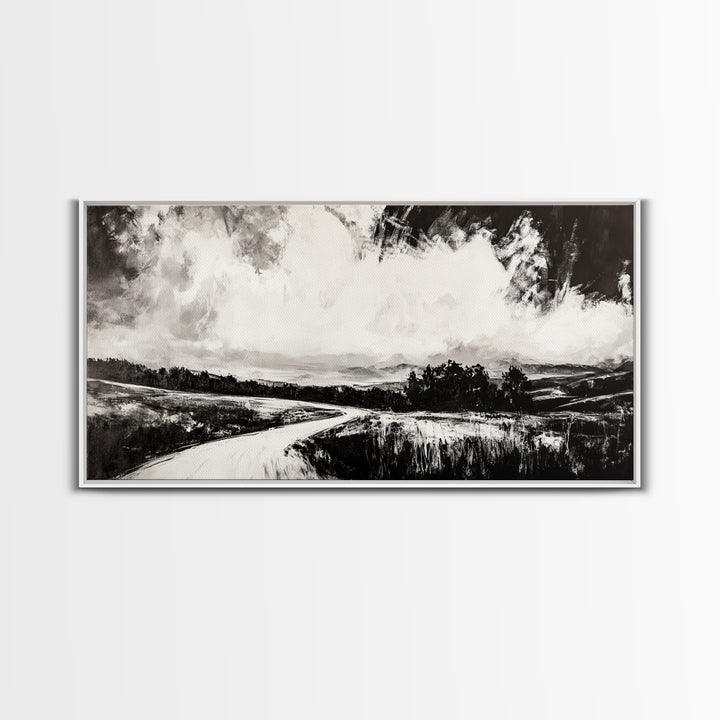 Country Road, Black and White, Minimalist, Framed Canvas Print, Rustic Landscape, Entryway Wall Art, Neutral Wall Decor, Farmhouse Style