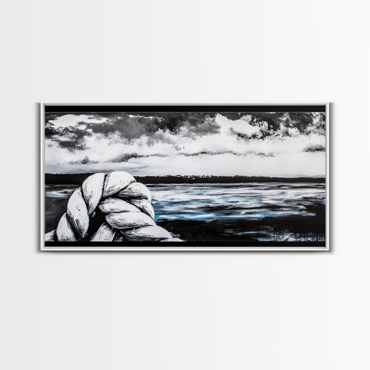 Nautical Art, Coastal Rope, Black and White, Framed Canvas Print, Beach House Decor, Minimalist Wall Art, Modern Ocean Painting