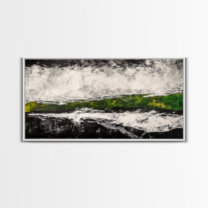 Abstract Expressionism, Black White Green, Dramatic Landscape, Framed Canvas Print, Modern Wall Art, Statement Artwork, Living Room Decor