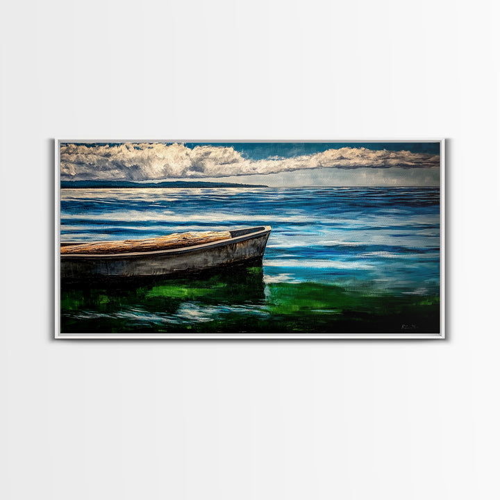 Lonely Boat, Ocean Painting, Nautical Home Decor, Framed Canvas Print, Coastal Wall Art, Blue Water Art, Beach House Art