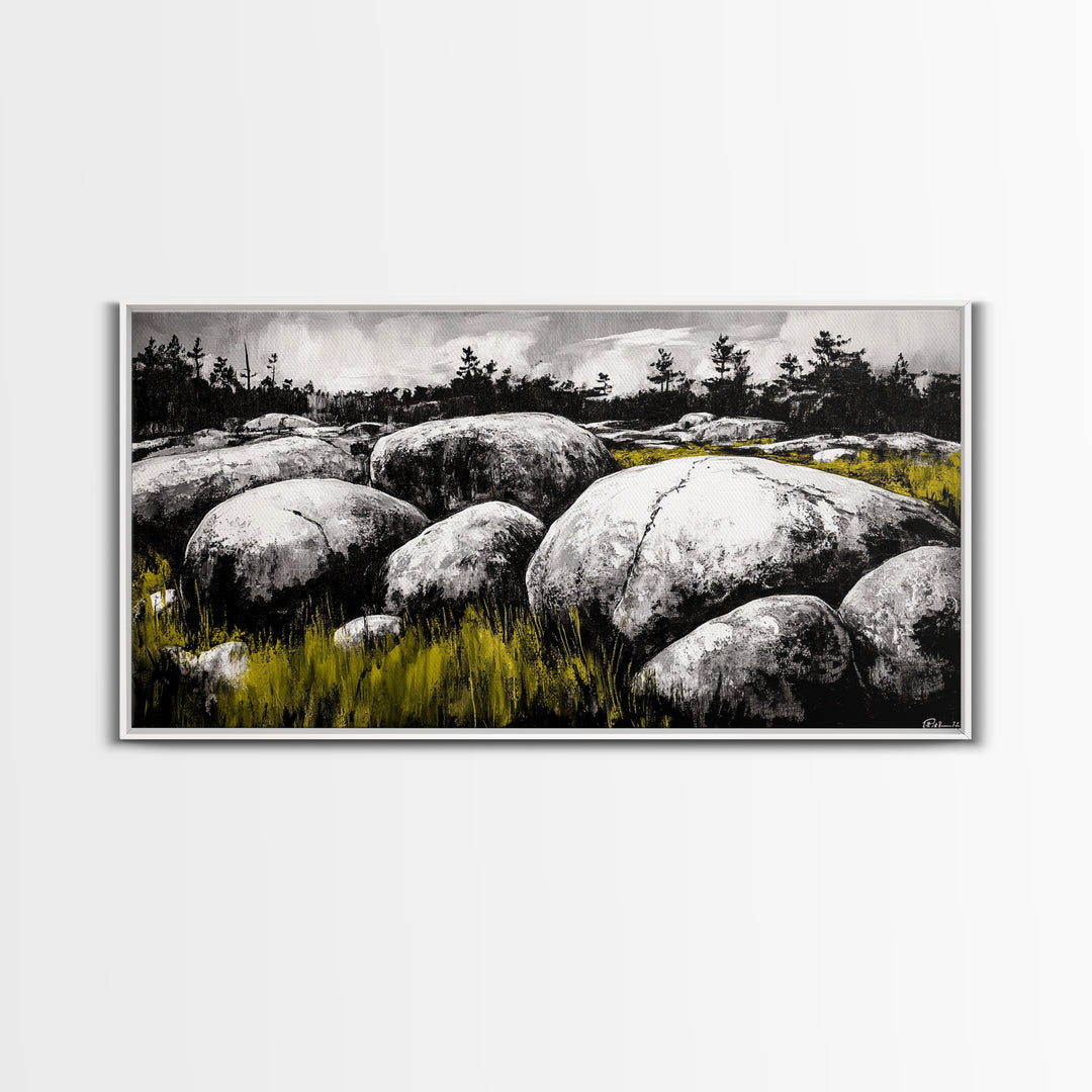 Boulder Landscape, Black and White, Nature Scene, Framed Canvas Print, Rustic Wall Art, Minimalist Decor, Wilderness Theme, Cabin Art