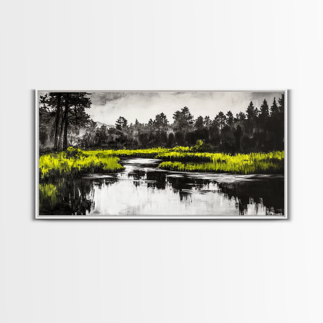 River Reflection, Minimalist Nature Art, Framed Canvas Print, Black and White Landscape, Modern Wall Decor, Office Wall Art