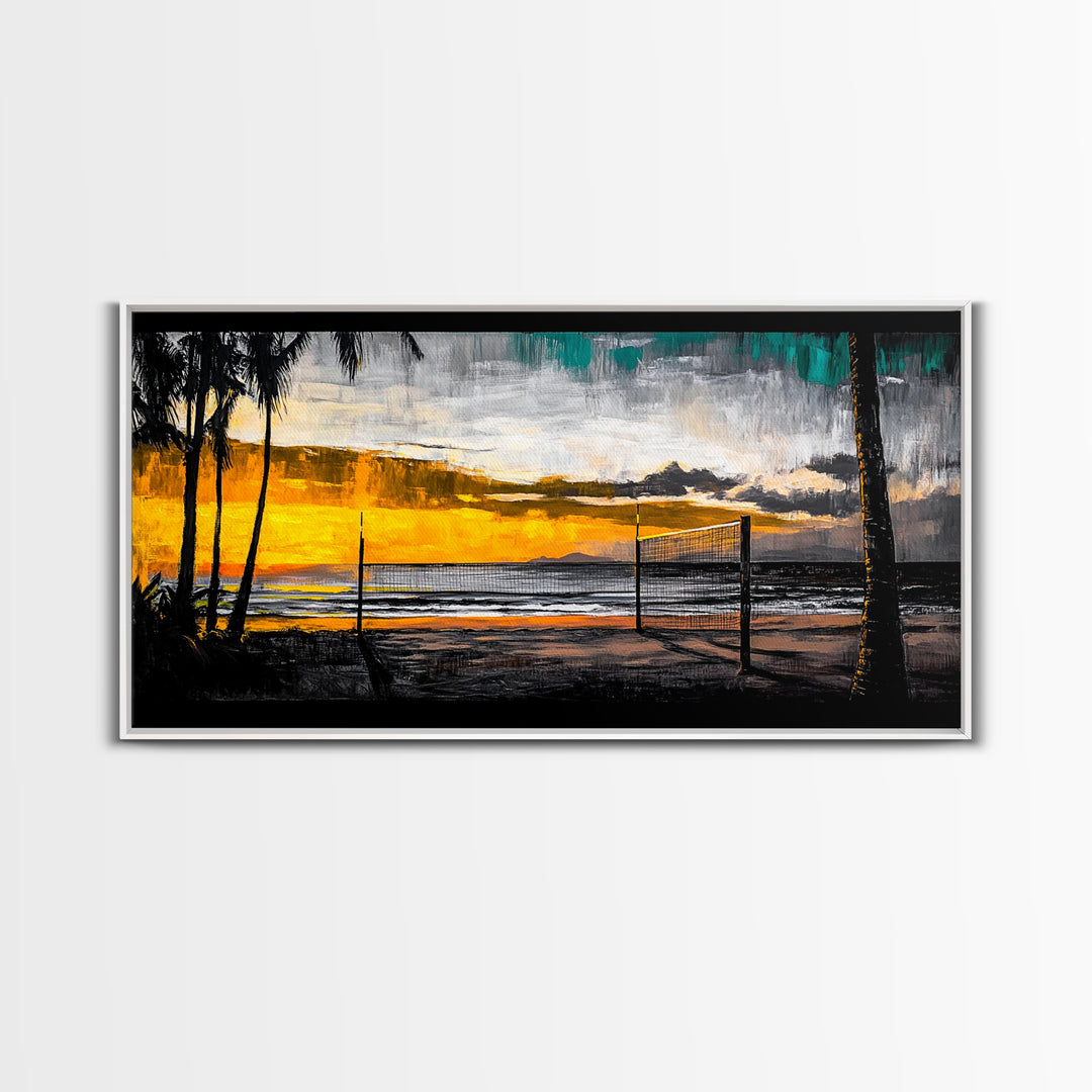 Beach Volleyball, Sunset Seascape, Warm Coastal Decor, Tropical Wall Art, Living Room Artwork, Golden Hour Beach Scene, Framed Canvas Print