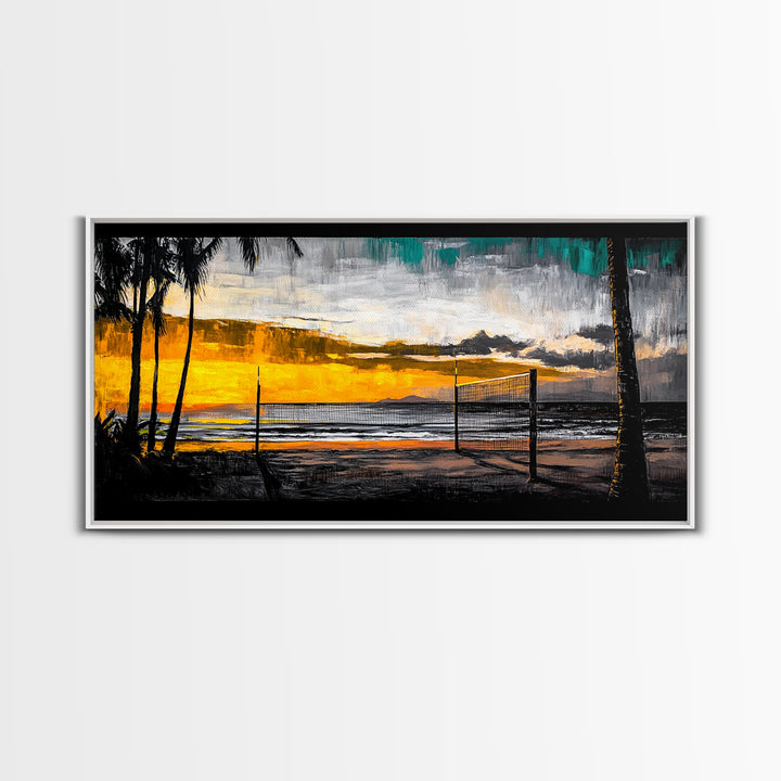 Beach Volleyball, Sunset Seascape, Warm Coastal Decor, Tropical Wall Art, Living Room Artwork, Golden Hour Beach Scene, Framed Canvas Print