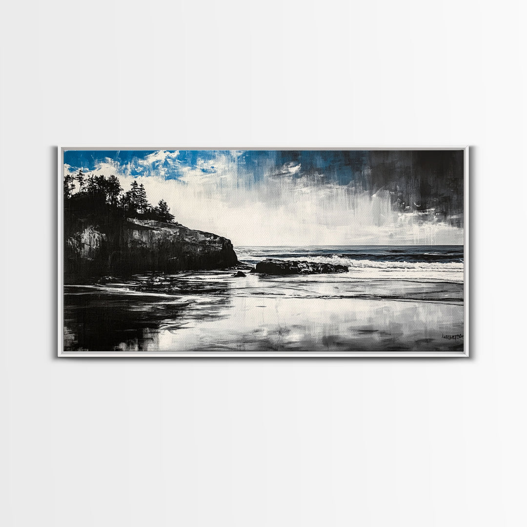 Dramatic Cliffside Painting, Ocean Wave Canvas Print, Monochrome Seascape Art, Moody Wall Decor, Coastal Artwork, Framed Canvas Print