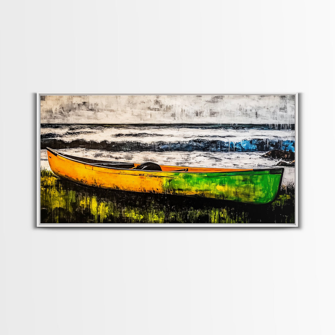 Canoe on the Shore, Rustic Nature Canvas Print, Lake House Wall Art, Autumn Painting, Outdoors Inspired Decor, Framed Canvas Print