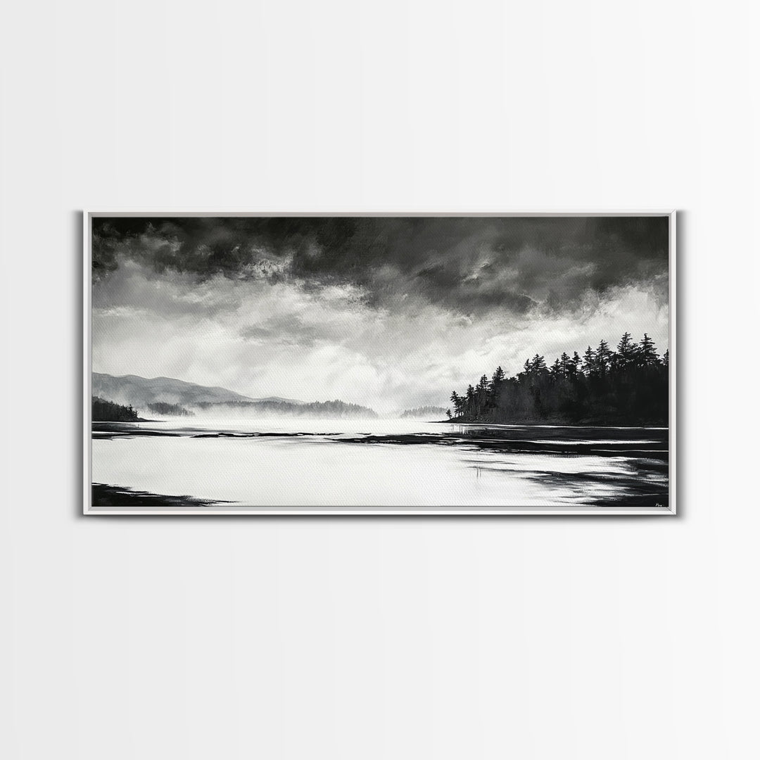 Monochrome Landscape Art, Misty Lake Canvas Print, Nature Wall Decor, Black and White Painting, Living Room Artwork, Framed Canvas Print