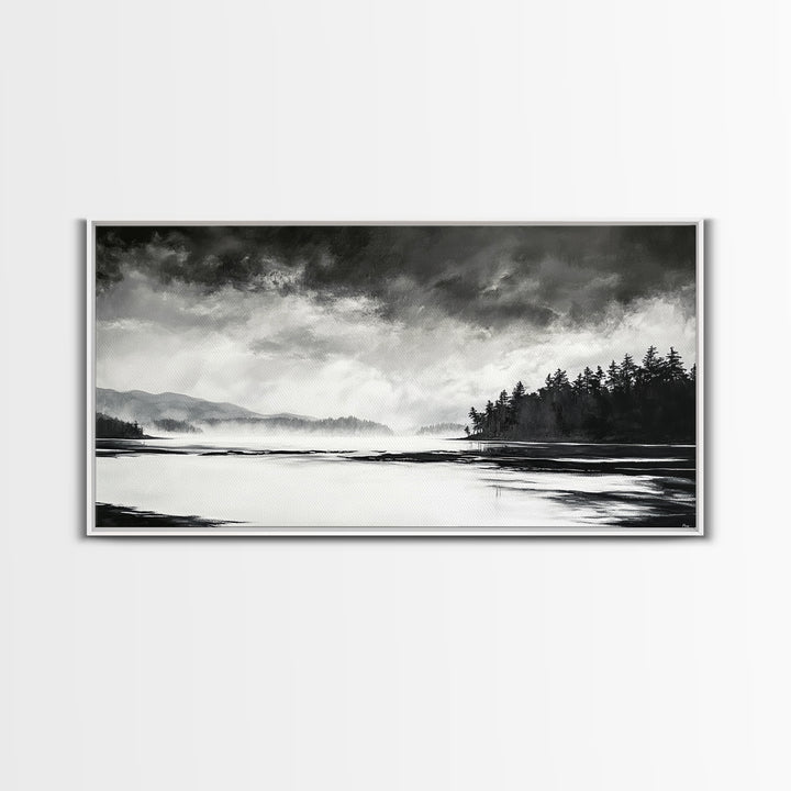 Monochrome Landscape Art, Misty Lake Canvas Print, Nature Wall Decor, Black and White Painting, Living Room Artwork, Framed Canvas Print