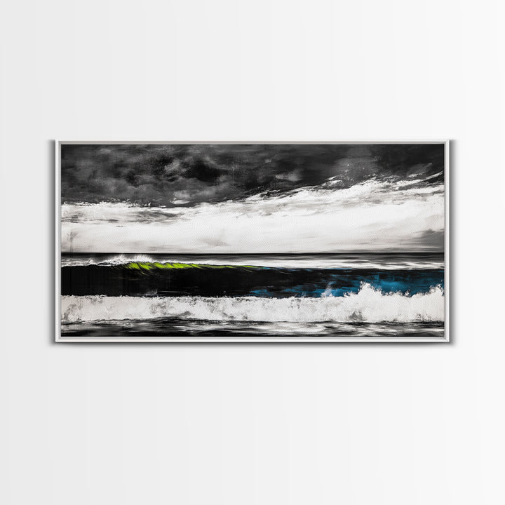 Ocean Wave Painting, Black and White Print, Modern Coastal Wall Decor, Seascape Art, Nautical Home Aesthetic, Framed Canvas Print