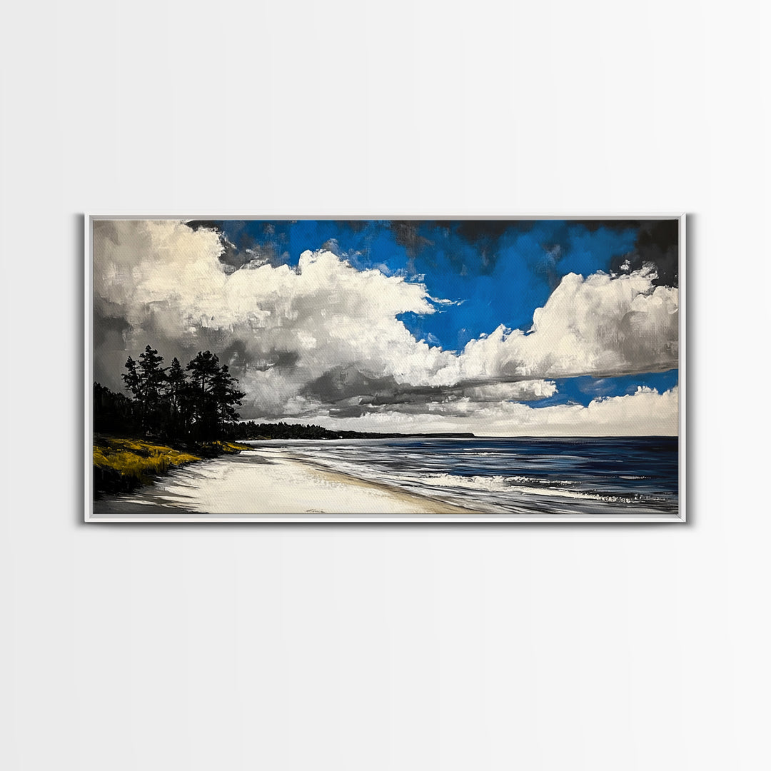 Dramatic Beach Scene, Blue Sky Canvas Print, Coastal Landscape Painting, Nature Wall Decor, Living Room Artwork, Framed Canvas Print