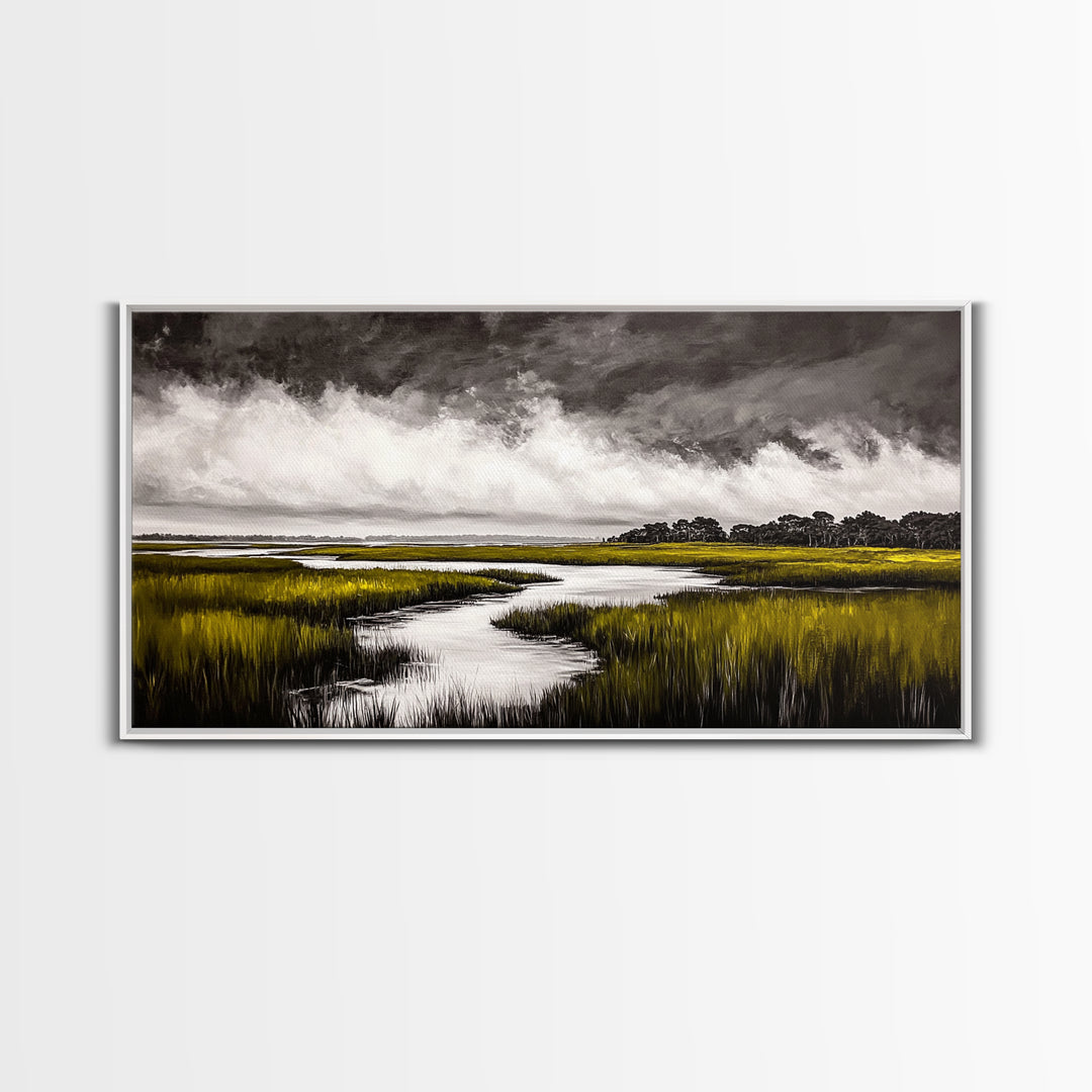 Marshland, Scenic, Natural, Canvas Print, Tranquil River Painting, Serene Landscape Wall Art, Nature Home Decor, Country House Artwork