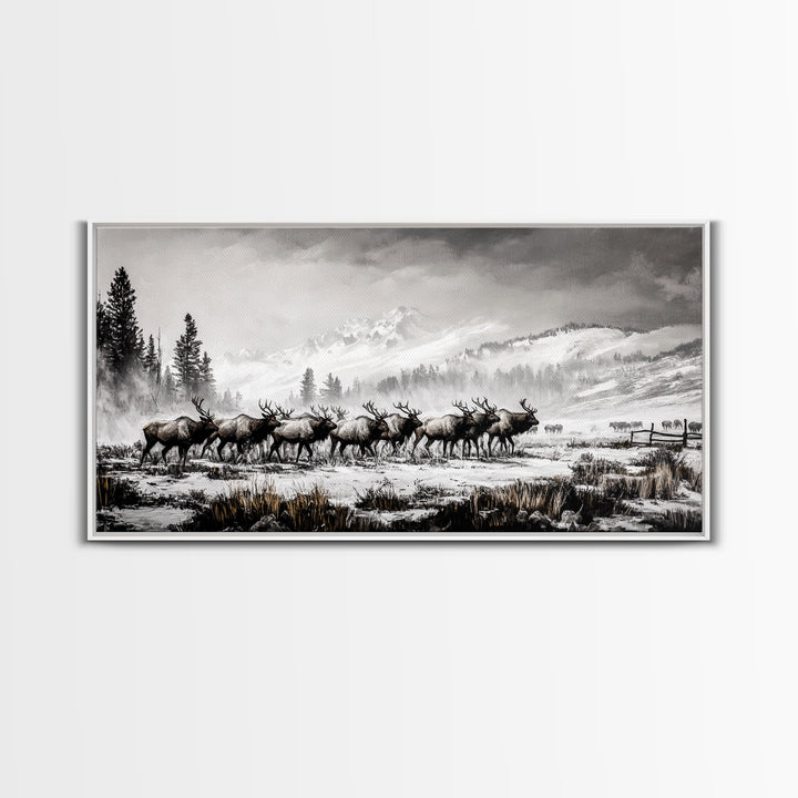 Elk, Wildlife, Mountain, Framed Canvas Print, Rustic Lodge Art, Winter Nature Scene, Cabin Wall Decor, Hunting Artwork, Western Aesthetic
