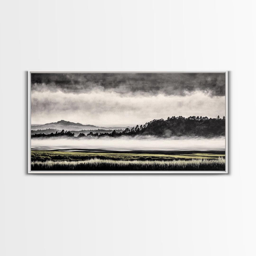 Misty Mountains, Black and White Art, Foggy Landscape, Canvas Print, Nature Wall Art, Minimalist Artwork, Bedroom Wall Decor