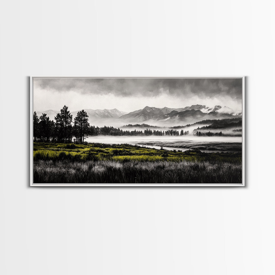 Foggy Forest, Mountain Landscape, Monochrome Wall Art, Framed Canvas Print, Modern Home Decor, Living Room Artwork, Nature Print