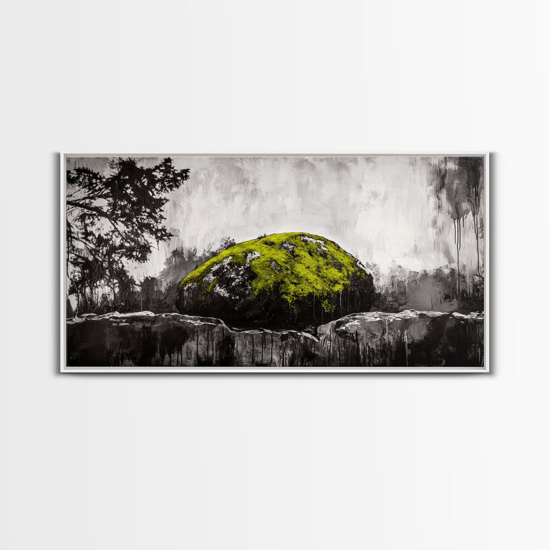 Mossy Rock, Abstract Nature, Green and Black Art, Canvas Print, Rustic Wall Decor, Boho Artwork, Modern Farmhouse Decor