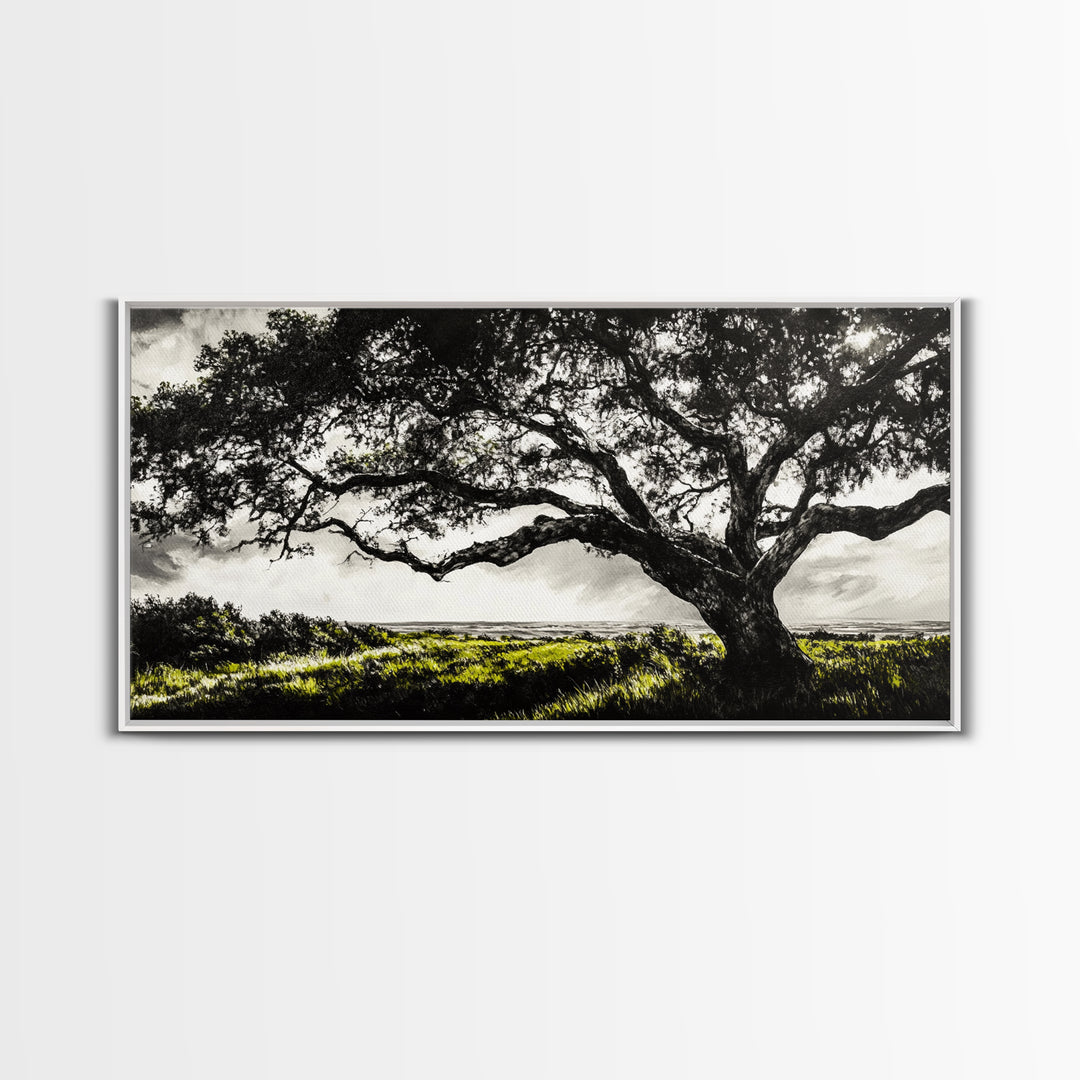 Oak Tree, Scenic Meadow, Black and White Landscape, Framed Canvas Print, Nature Wall Art, Large Canvas Artwork, Living Room Decor