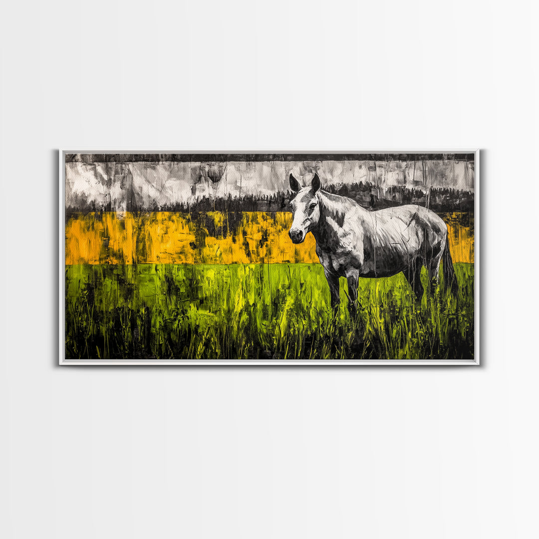 Abstract Horse, Farmhouse, Framed Canvas Print, Rustic Wall Art, Country Decor, Bold Yellow and Green, Large Wall Art, Equestrian Art