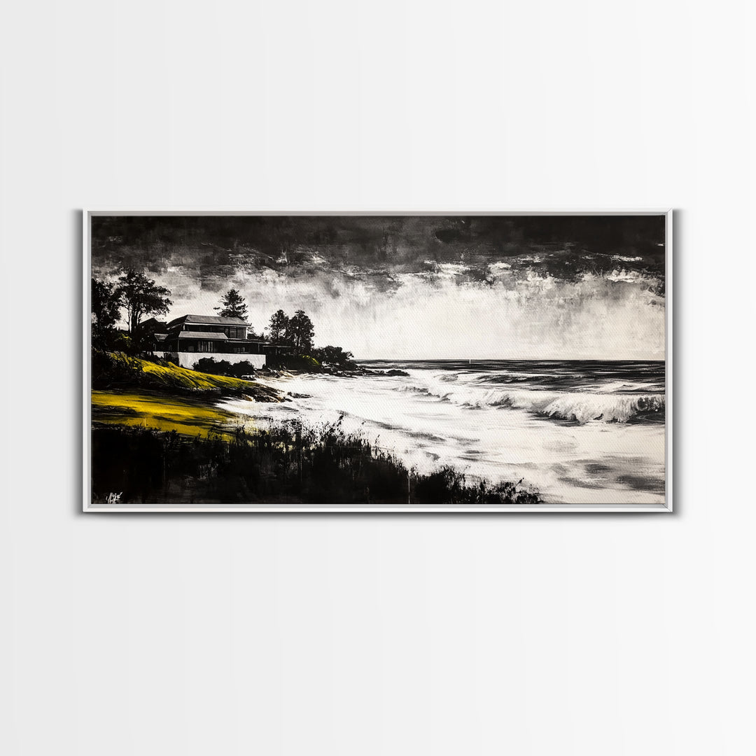 Coastal Landscape, Black and White, Framed Canvas Print, Beach House Wall Art, Nautical Decor, Ocean View Art, Minimalist Seascape