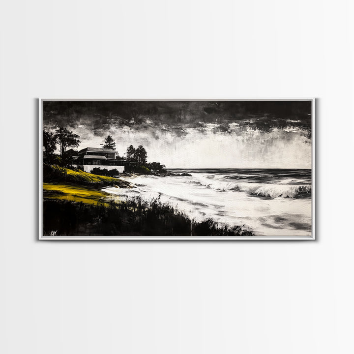 Coastal Landscape, Black and White, Framed Canvas Print, Beach House Wall Art, Nautical Decor, Ocean View Art, Minimalist Seascape