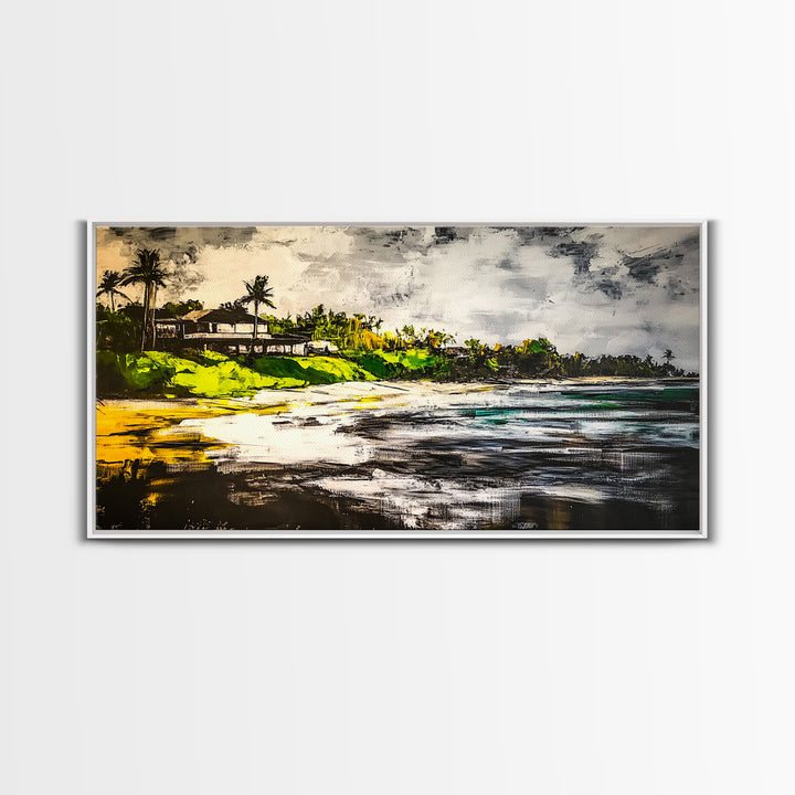Beach House, Ocean View, Tropical Landscape, Framed Canvas Print, Coastal Art, Beach Wall Decor, Living Room Art, Boho Wall Art