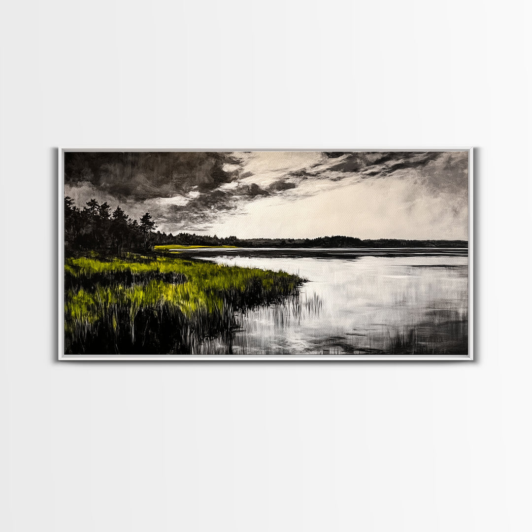 Marshland, Moody Sky, Lakeside View, Canvas Print, Nature Photography, Living Room Wall Art, Rustic Landscape, Neutral Tones Decor