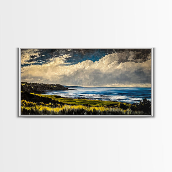 Coastal Bluffs, Ocean Horizon, Cloudy Sky, Framed Canvas Print, Nautical Wall Art, Large Landscape, Living Room Wall Art, Moody Art