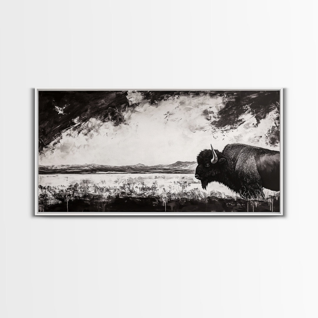 Bison Landscape, Western Art, Black and White Buffalo, Rustic Home Decor, Southwestern Wall Art, Nature Artwork, Framed Canvas Print