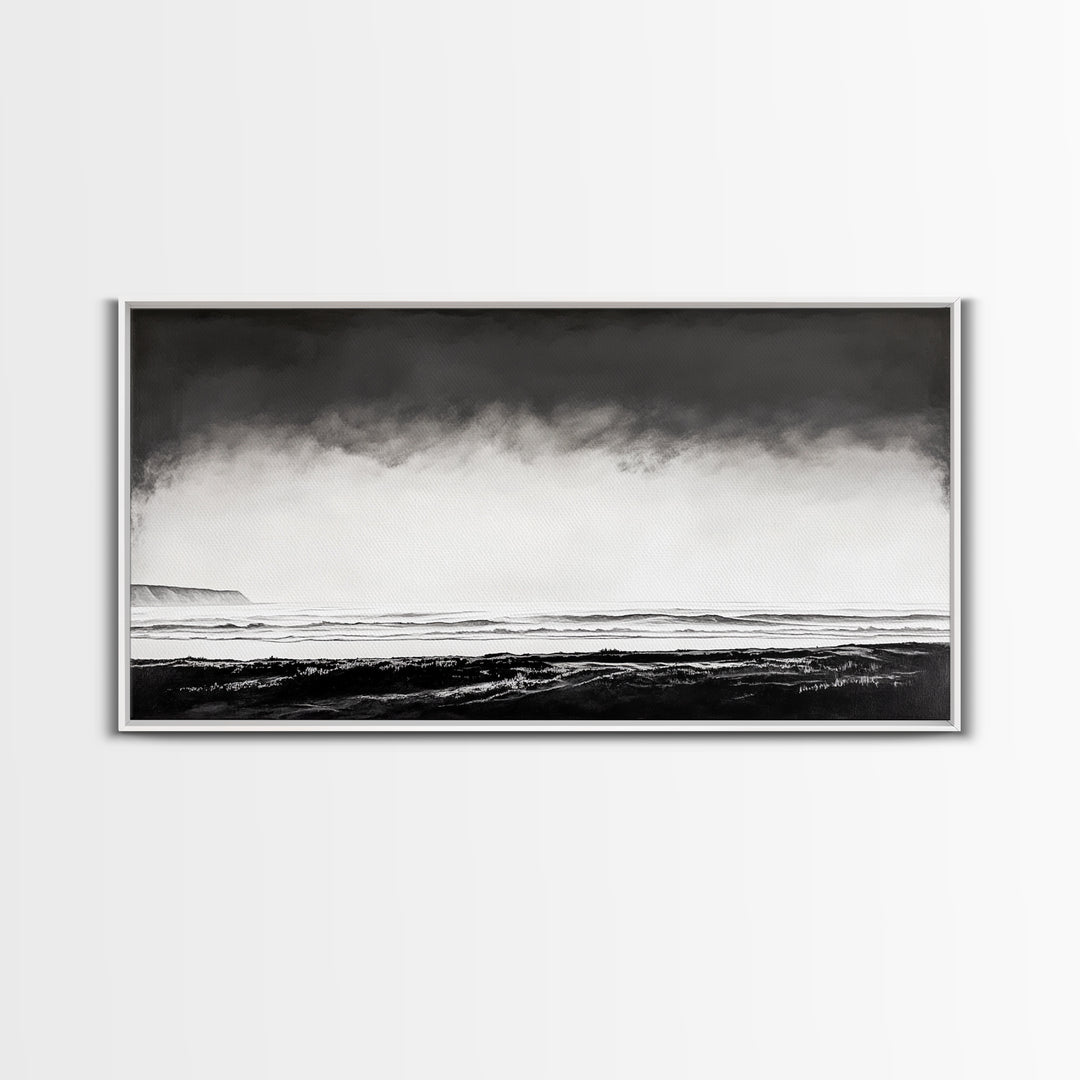 Foggy Ocean, Misty Beach, Black and White Minimalist, Canvas Print, Modern Wall Art, Bedroom Decor, Neutral Tones, Serene Seascape