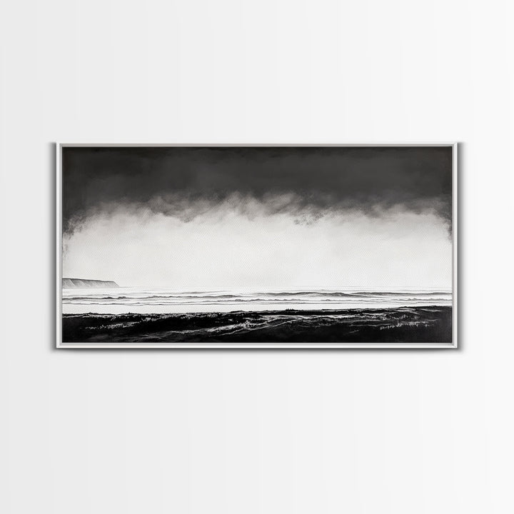 Foggy Ocean, Misty Beach, Black and White Minimalist, Canvas Print, Modern Wall Art, Bedroom Decor, Neutral Tones, Serene Seascape