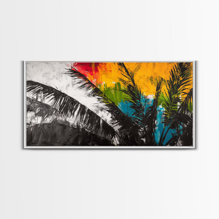 Tropical Palm Leaves, Sunset Art, Beach House Decor, Vibrant Coastal Painting, Island Vibes, Framed Canvas Print, Bedroom Wall Art