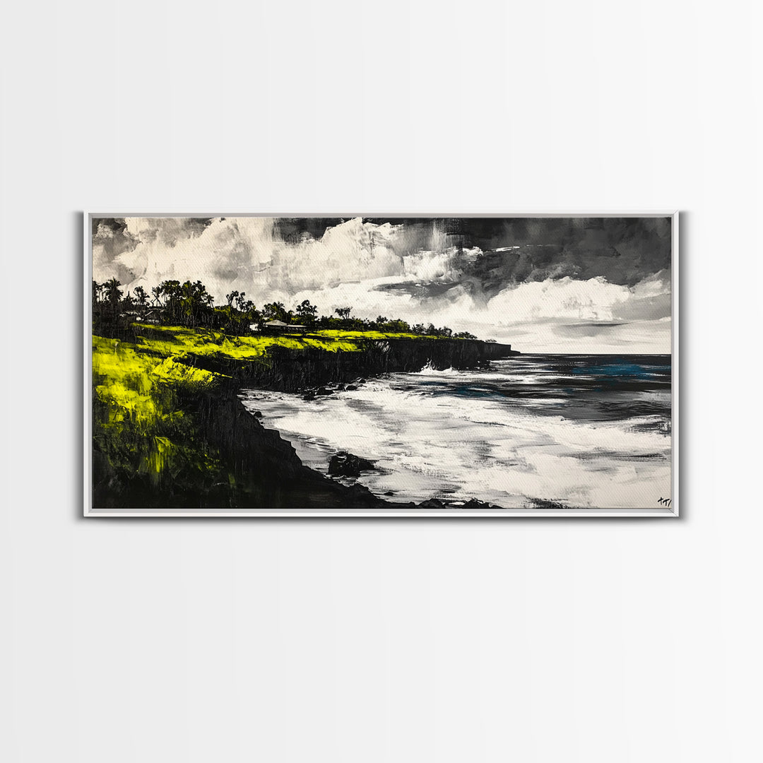 Cliffside Ocean View Landscape, Black and White Seascape, Nautical Wall Decor, Living Room Art, Beach House Scene, Framed Canvas Print