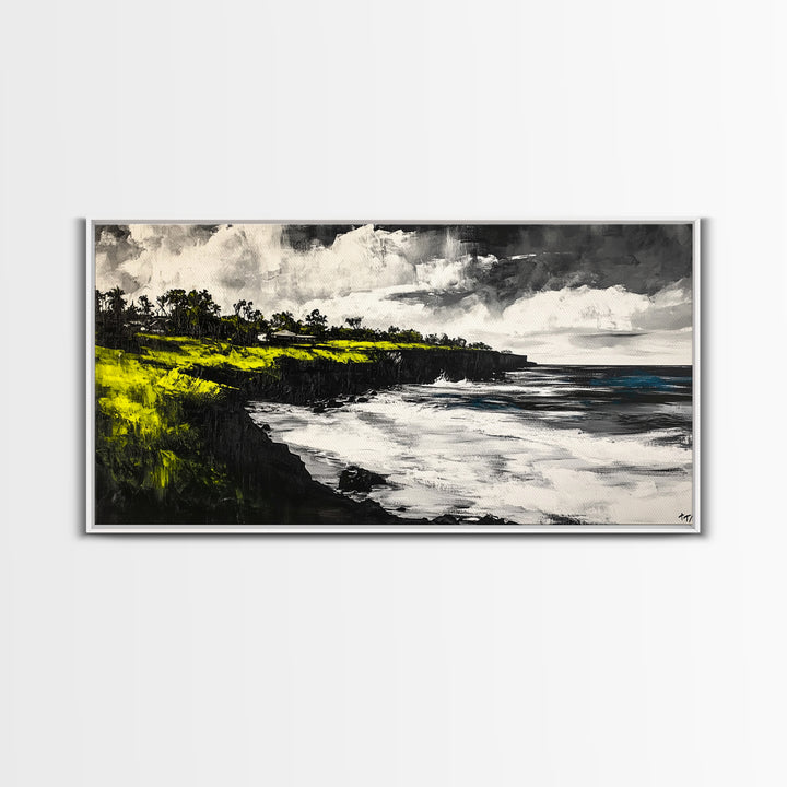 Cliffside Ocean View Landscape, Black and White Seascape, Nautical Wall Decor, Living Room Art, Beach House Scene, Framed Canvas Print
