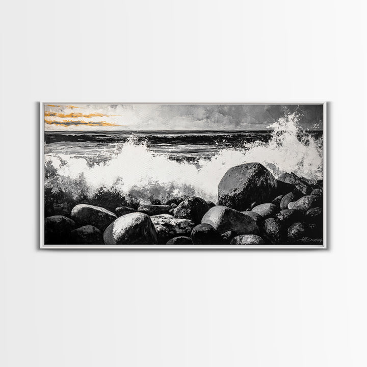 Rocky Shore, Powerful Ocean Waves, Dramatic Black and White Seascape, Coastal Home Decor, Framed Canvas Print, Living Room Accent