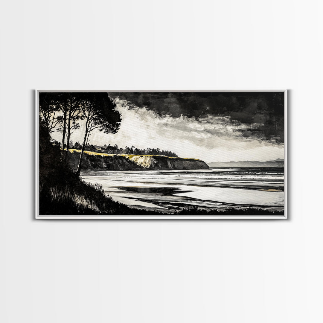 Black White, Coastal Cliffs, Seascape, Large Canvas Print, Ocean Wall Art, Modern Landscape, Minimalist Painting, Nautical Home Decor