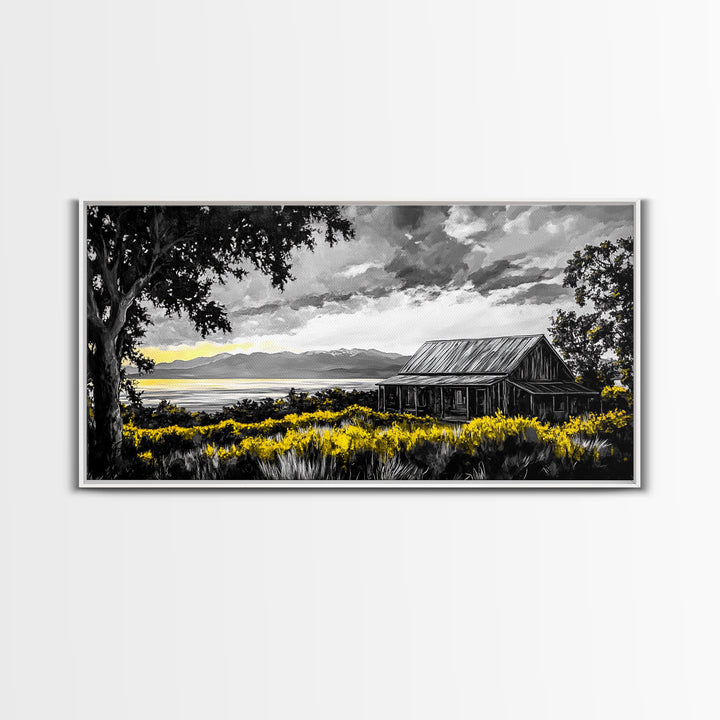 Rustic Cabin, Lake View, Black White Yellow, Large Canvas Print, Country Landscape, Farmhouse Wall Art, Living Room Decor, Framed Artwork