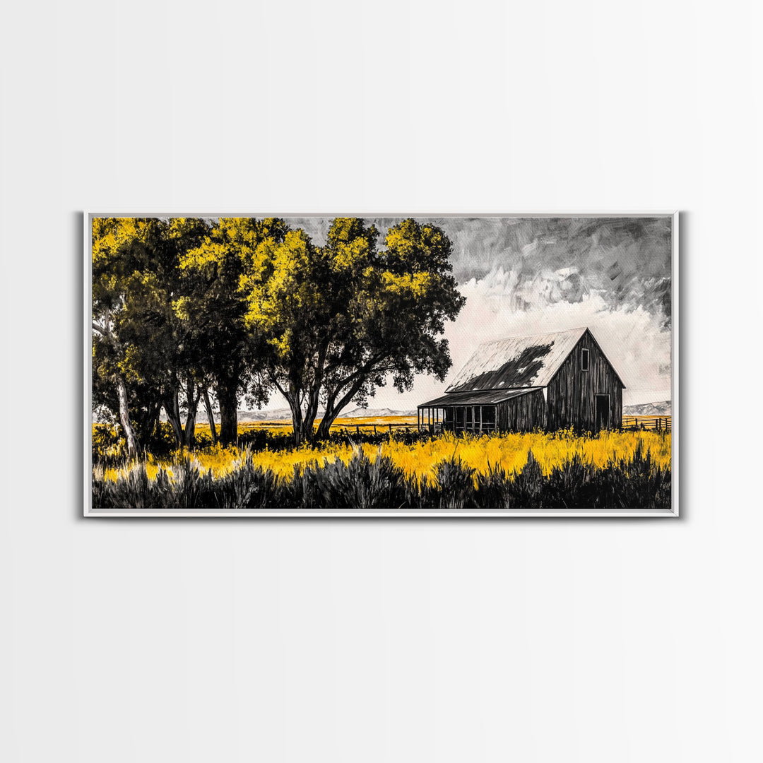 Rustic Barn, Country Wall Art, Western Farmhouse Decor, Black and White Art, Nature Landscape, Living Room Wall Art, Framed Canvas Print