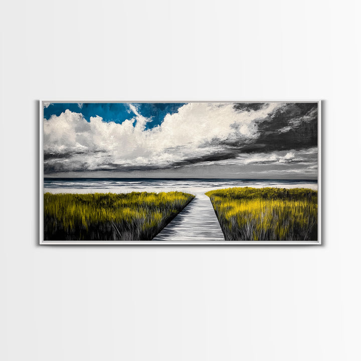 Beach Boardwalk, Coastal Landscape, Black and White Seascape, Nautical Decor, Living Room Artwork, Beach House Scene, Framed Canvas Print