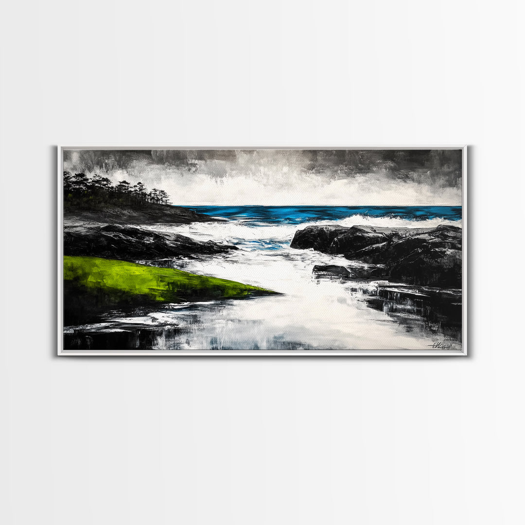 Rocky Shore, Ocean Wave Art, Coastal Seascape, Dramatic Beach Painting, Nautical Home Decor, Modern Coastal Print, Canvas Print