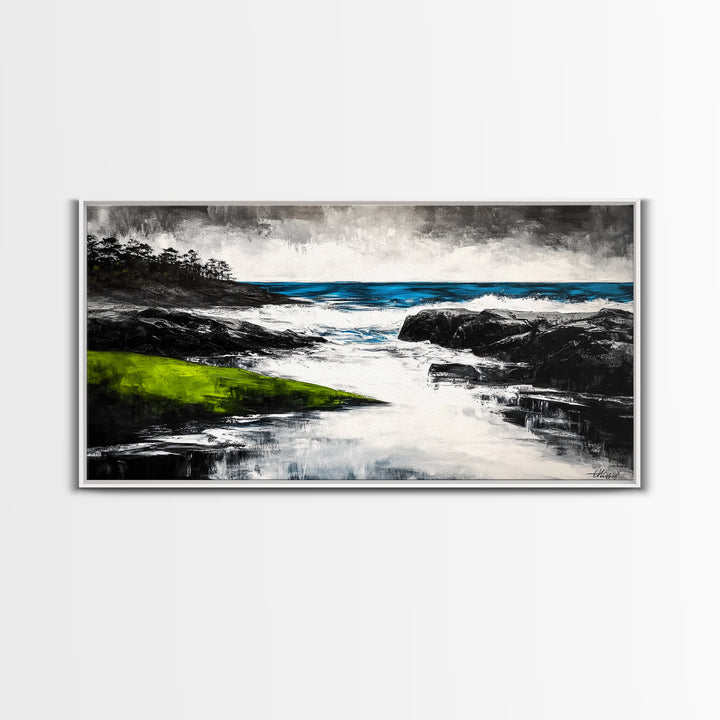 Rocky Shore, Ocean Wave Art, Coastal Seascape, Dramatic Beach Painting, Nautical Home Decor, Modern Coastal Print, Canvas Print