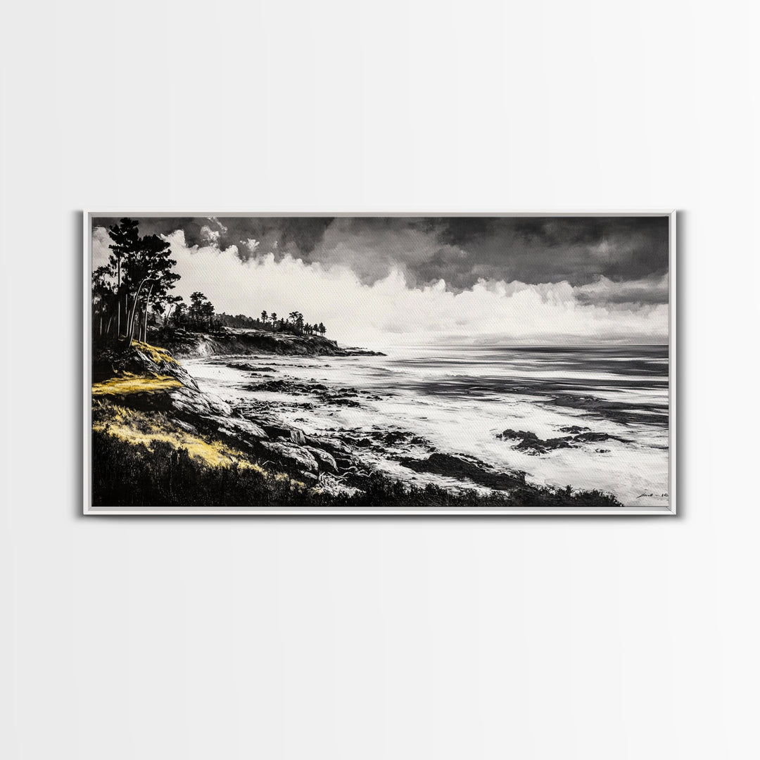 Rocky Shore, Monochrome Art, Serene Beach, Canvas Print, Coastal Landscape, Minimalist Art, Office Wall Decor, Nature Inspired Art